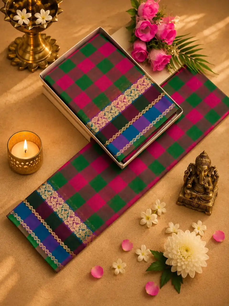 Magenta Pink Floral Brocade & Multicolored Panel Border Checked Saree